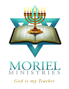 A menorah with nine lit candles placed on an open book, with an overlapping Star of David in the background and the text "MORIEL MINISTRIES" and "God is my Teacher" below.