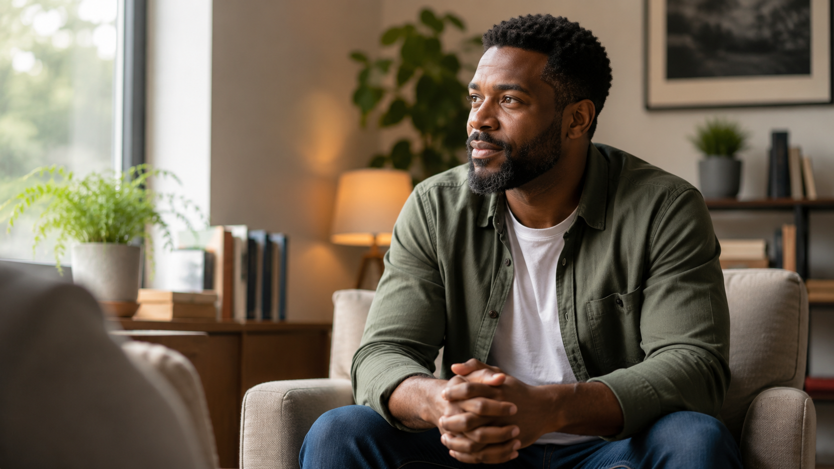 Man sitting calmly in a counseling setting during a reflective moment.
