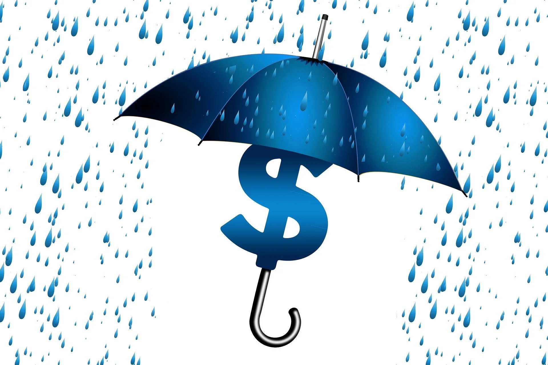 Blue umbrella with a dollar sign handle, held in the rain with blue water droplets falling.