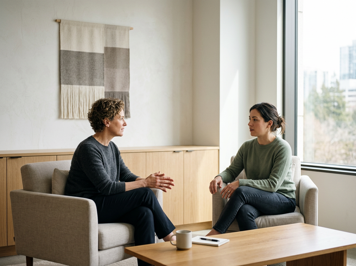 Two women sitting opposite each other having a conversation in a well-lit room with a large window; one woman is talking and gesturing with her hands, and the other is listening attentively.
