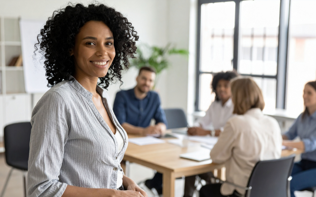 Woman smiling during a meeting with four colleagues sitting around a table in a bright office.