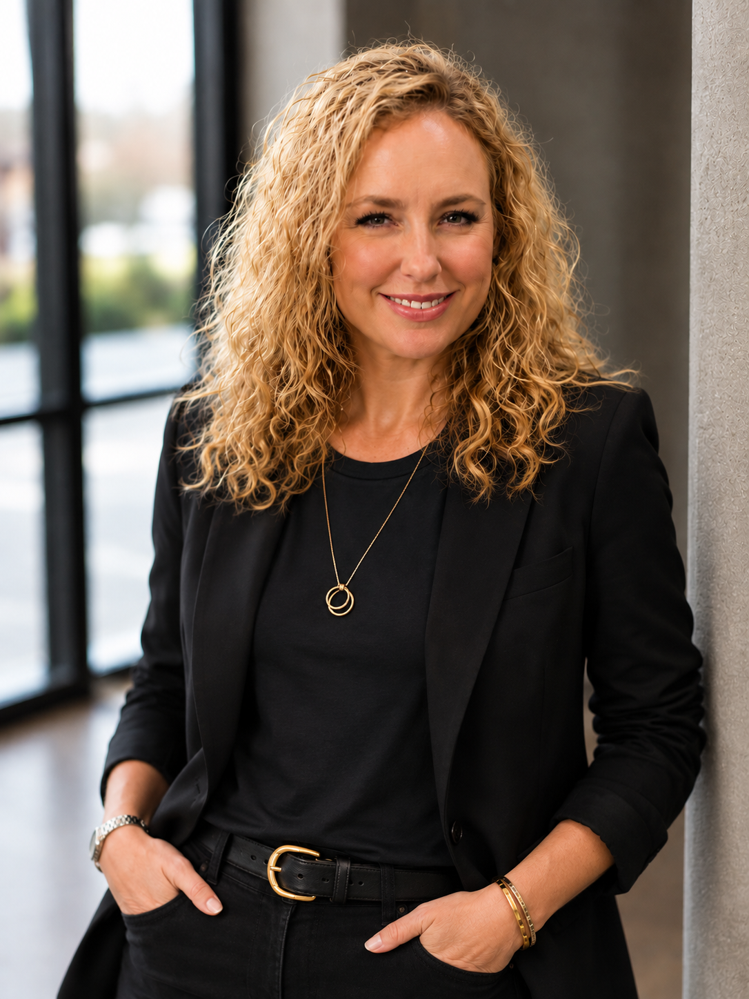 A woman with curly blonde hair wearing a black blazer, black top, jewelry, and a watch, standing indoors near a window with a cityscape view.