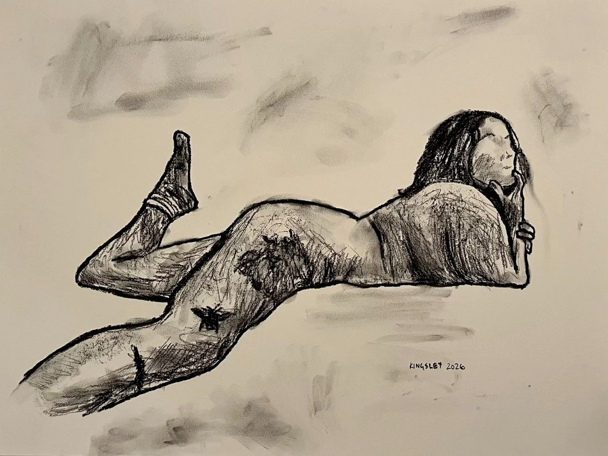 Tau (2026). Charcoal on paper.