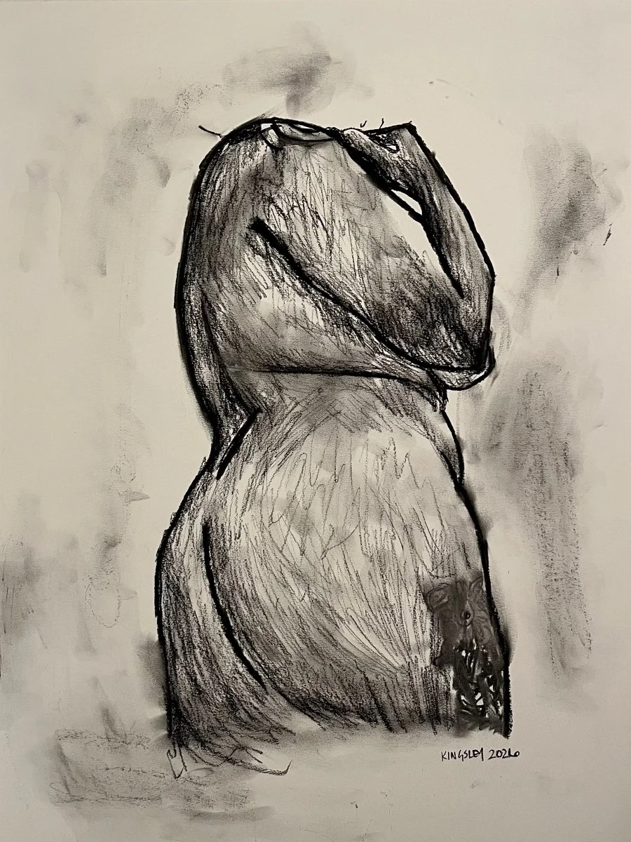 Beta (2026). Charcoal on paper.