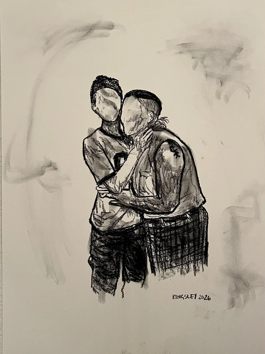 Omega (2026). Charcoal on paper.