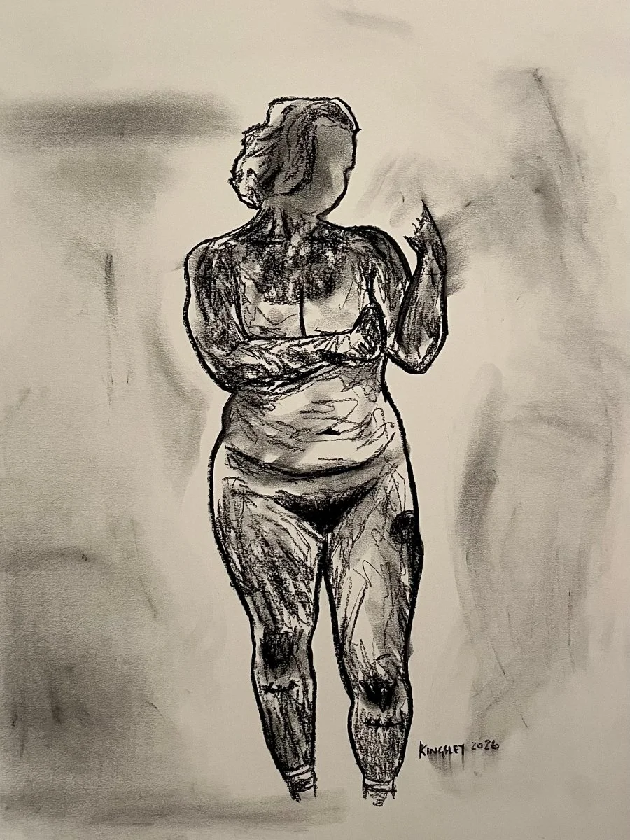 Zeta (2026). Charcoal on paper.