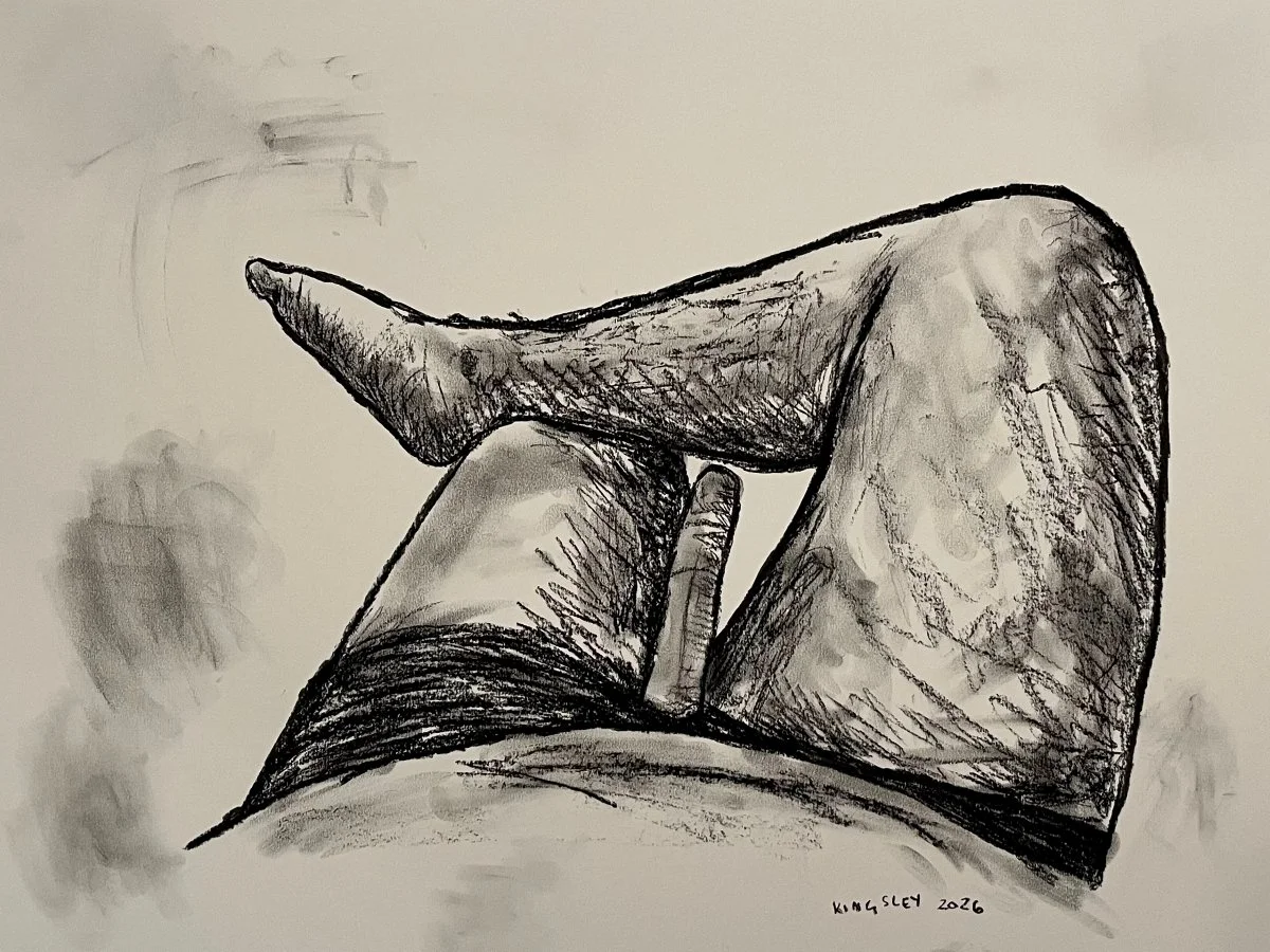 Omicron (2026). Charcoal on paper.