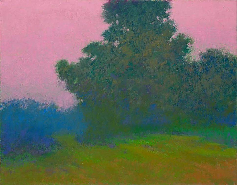 Abstract landscape painting with a large dark green tree against a pink sky, with blue and green fields in the foreground.