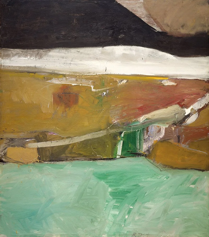 Abstract painting composed of broad, overlapping areas of black, white, ochre, rust, green, and pale turquoise.