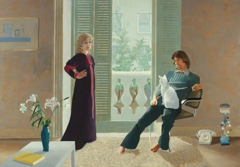 Painting of a woman standing and a man seated with a white cat on his lap in a bright interior overlooking a balcony.