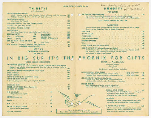A vintage Nepenthe restaurant menu featuring teal text on a cream paper, three-hole punched on either side of the center fold.