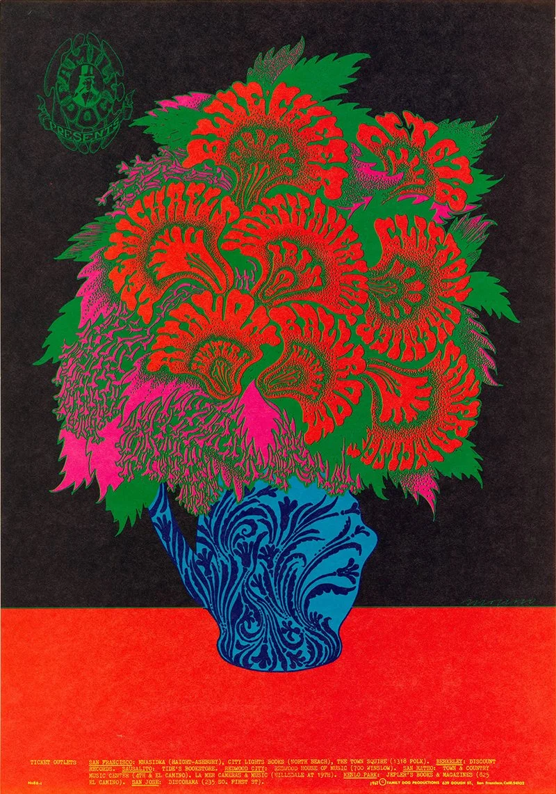 Vivid psychedelic poster featuring a blue patterned vase filled with bright red and green flowers against a black and red background.