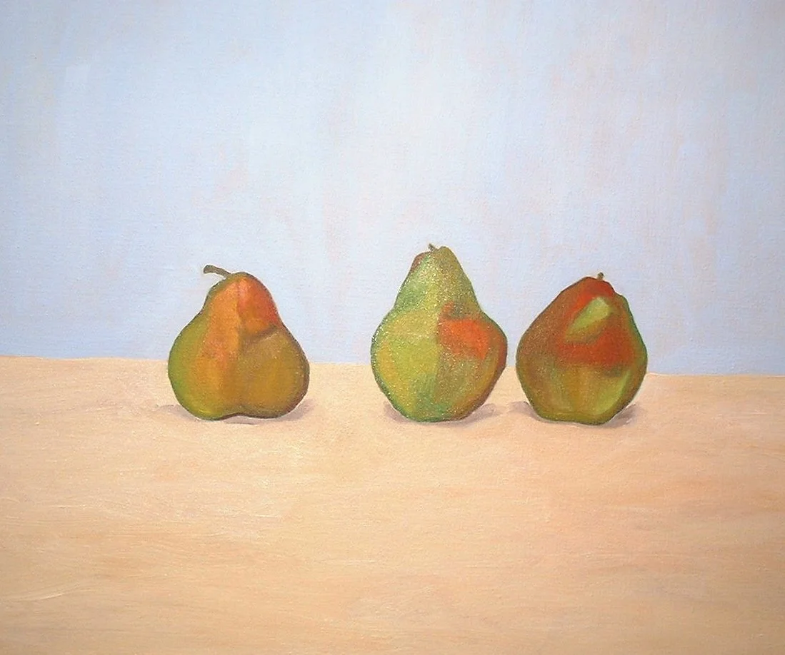 Three pears on ochre & pale blue.JPG