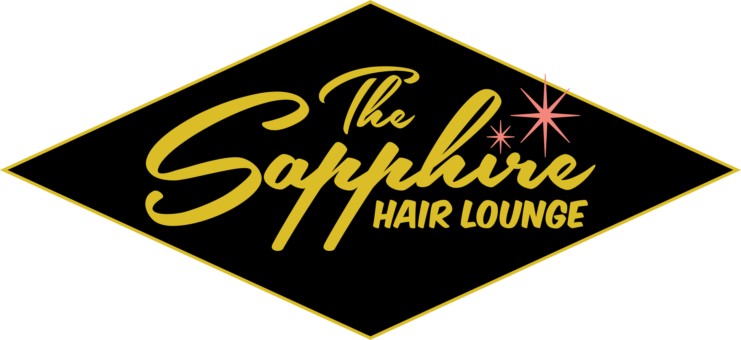 Logo for The Sapphire Hair Lounge with black background, gold cursive and block text, pink starburst accents, and a diamond shape outline.