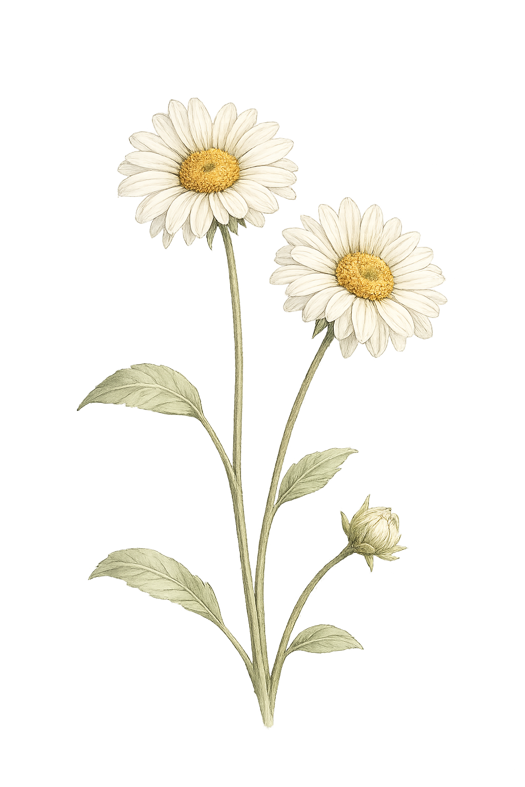 Sketch of two blooming daisies with one bud against a blurred green background