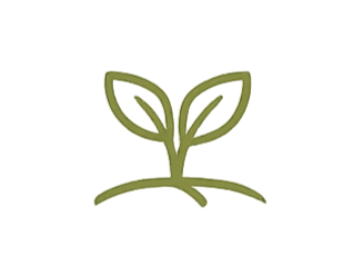 A simple line drawing of a small plant with two leaves growing from a curved ground line.