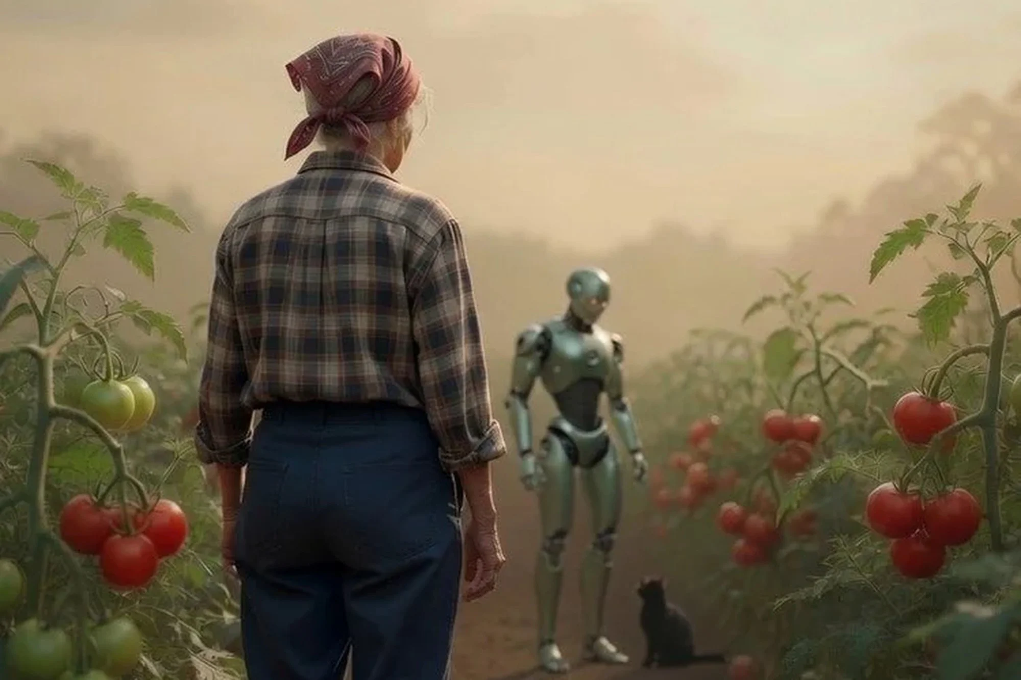A woman and a small robot face each other down a row of tomato plants, from the cover of Roots of Resilience.
