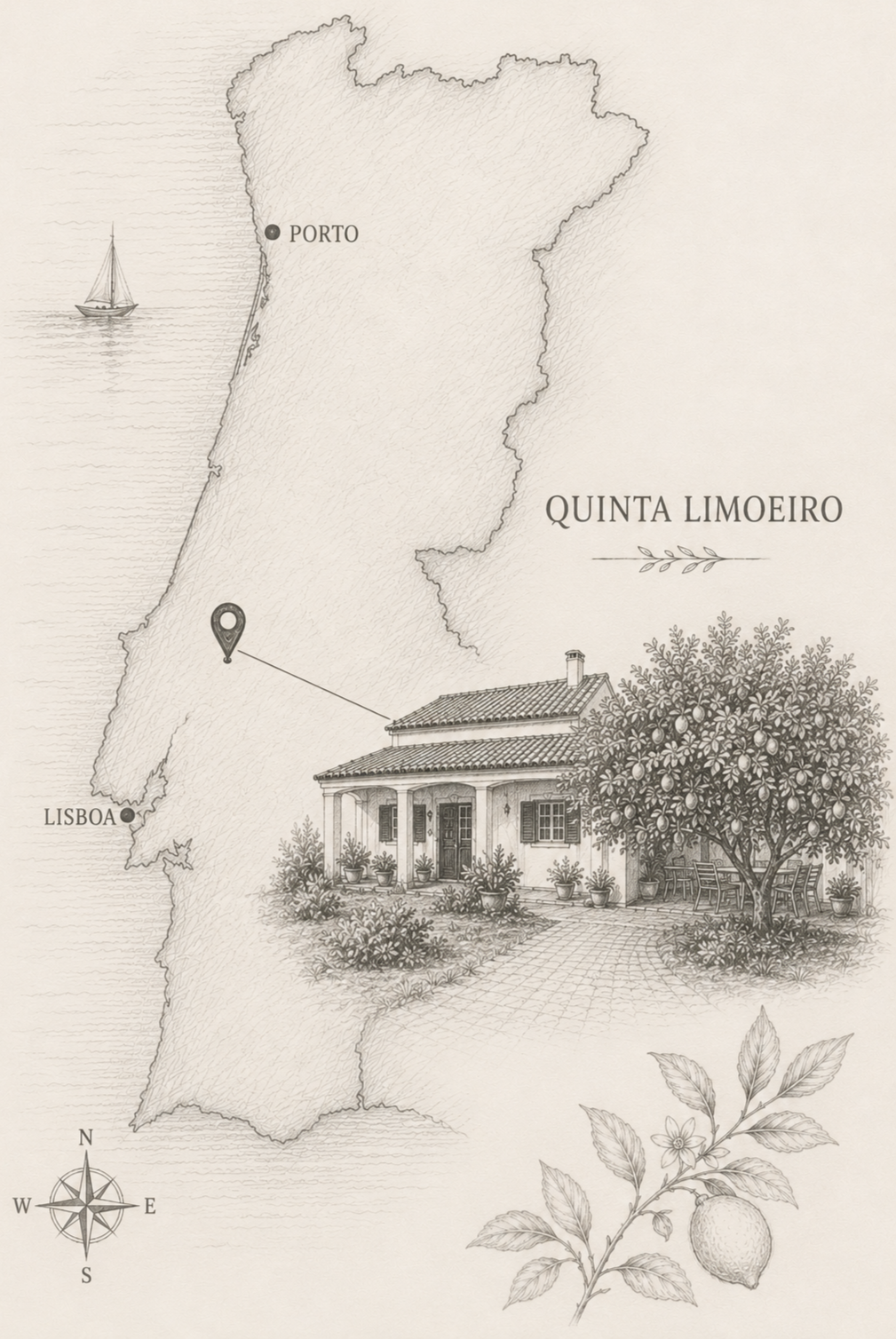 A sketch of a map of Portugal with markings for Porto and Lisbon, including a house with a garden, a lemon tree, and a compass. Title: Quinta Limoeiro.