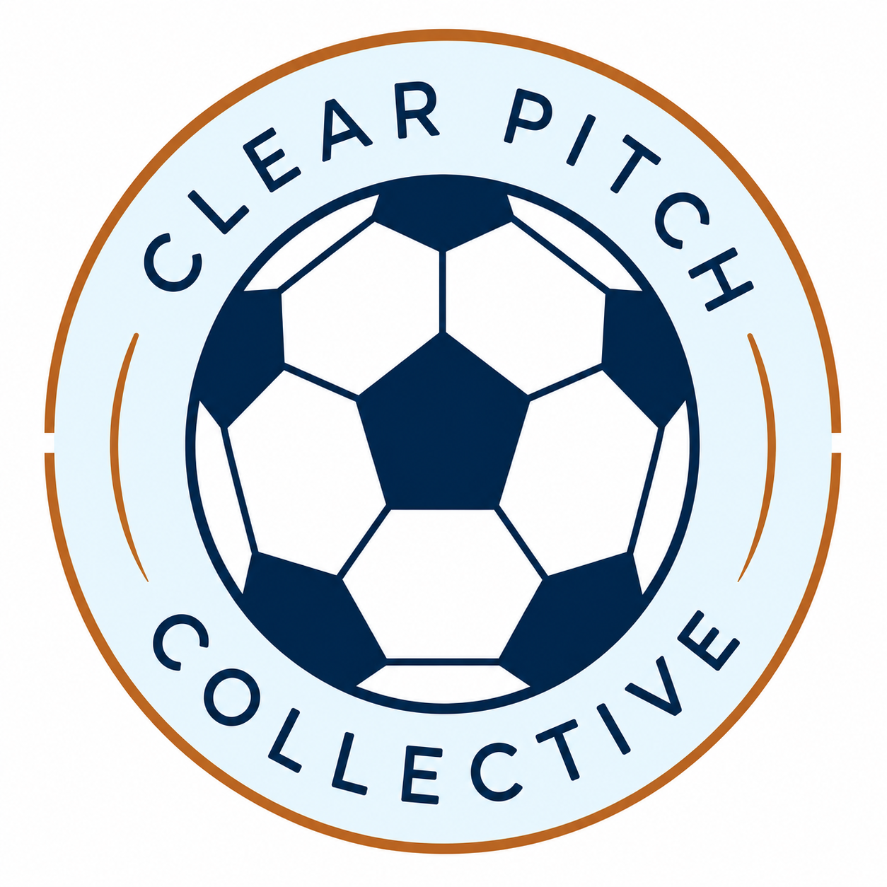 A circular emblem with a soccer ball in the center. The outer ring reads 'Clear Pitch Collective.' The emblem has a white background with a blue and brown design.