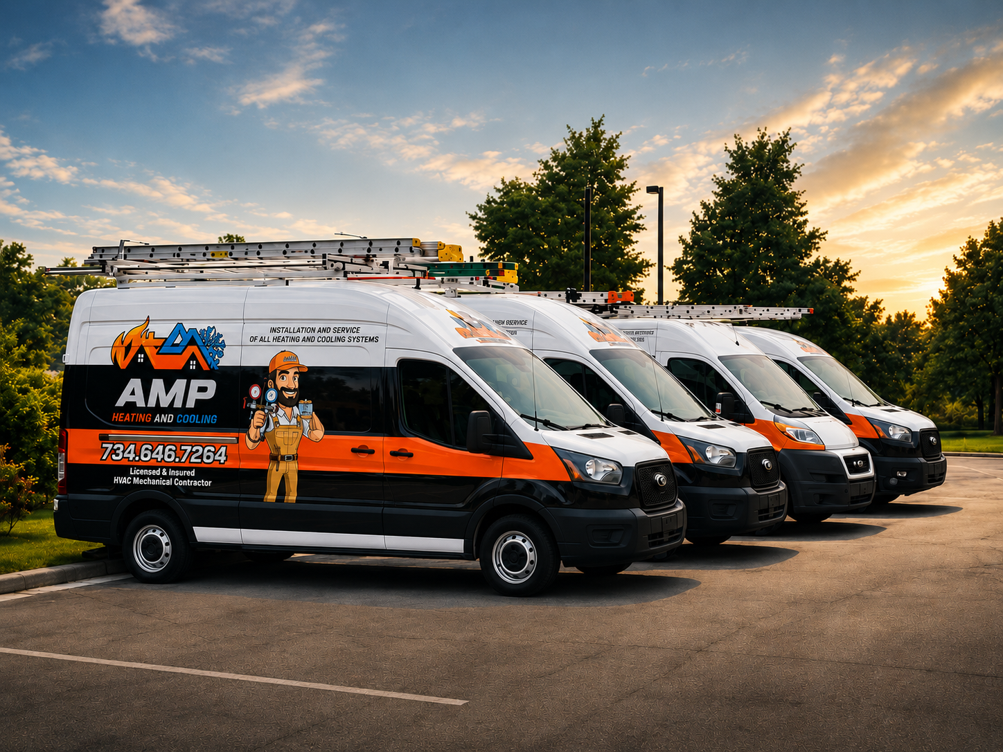 Four service vans for AMP Heating and Cooling parked in a lot during sunset, with trees and a partly cloudy sky in the background.