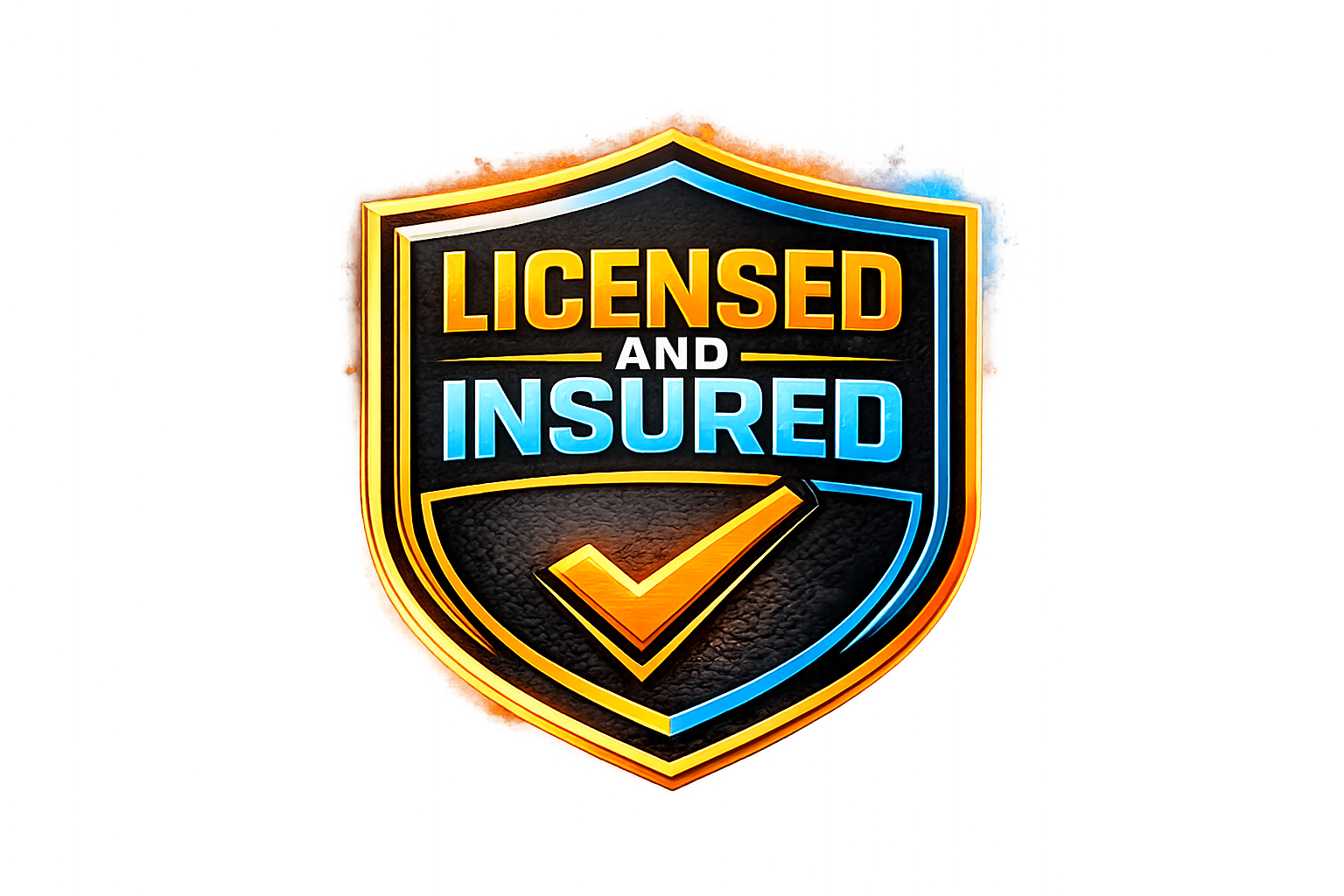 Neon sign with a shield shape that reads 'Licensed and Insured' with a checkmark inside.