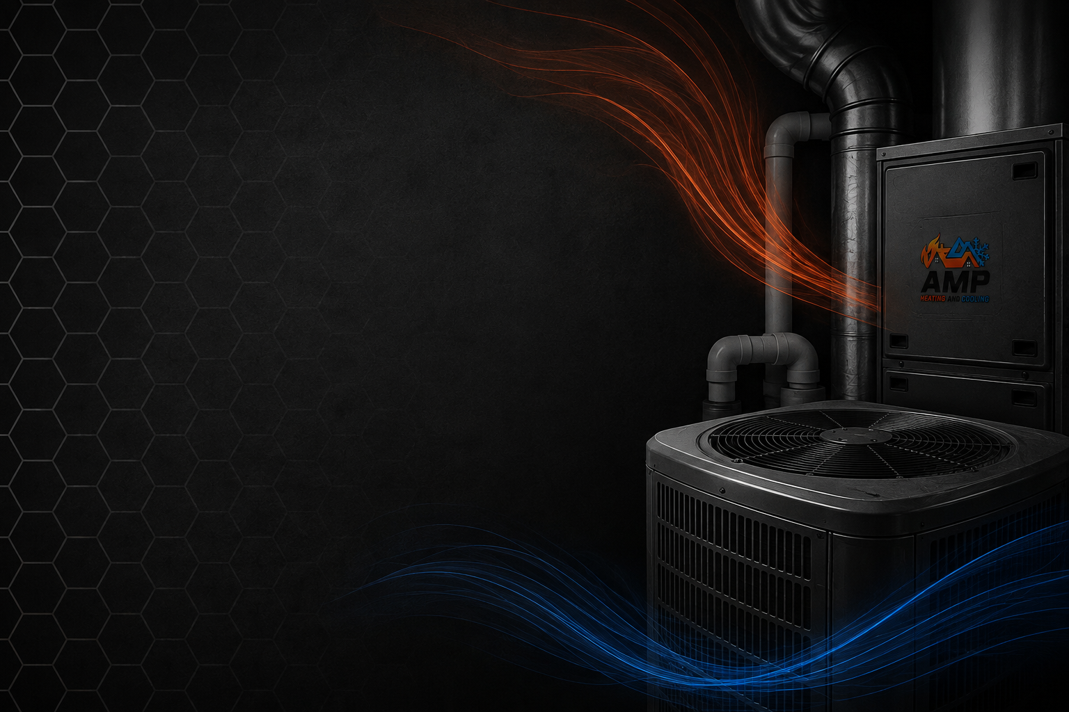 Industrial heating and cooling unit with black pipes, logo, and flowing red and blue lines.