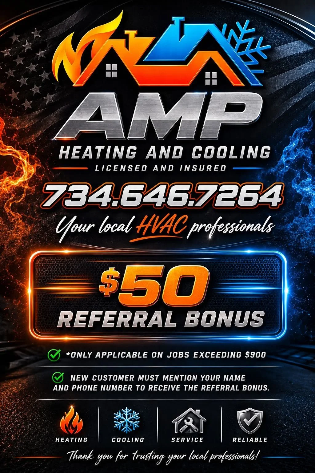 A promotional flyer for AMP Heating and Cooling featuring a logo with flames and snowflakes, contact number, $50 referral bonus, and icons representing heating, cooling, service, and reliability.