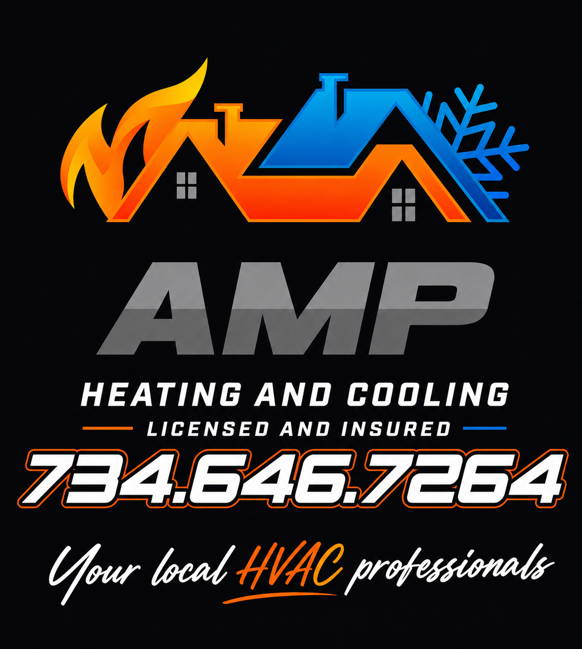 Logo for AMP Heating and Cooling with a stylized house, flames on the left, a snowflake on the right, and the company name and contact information below.