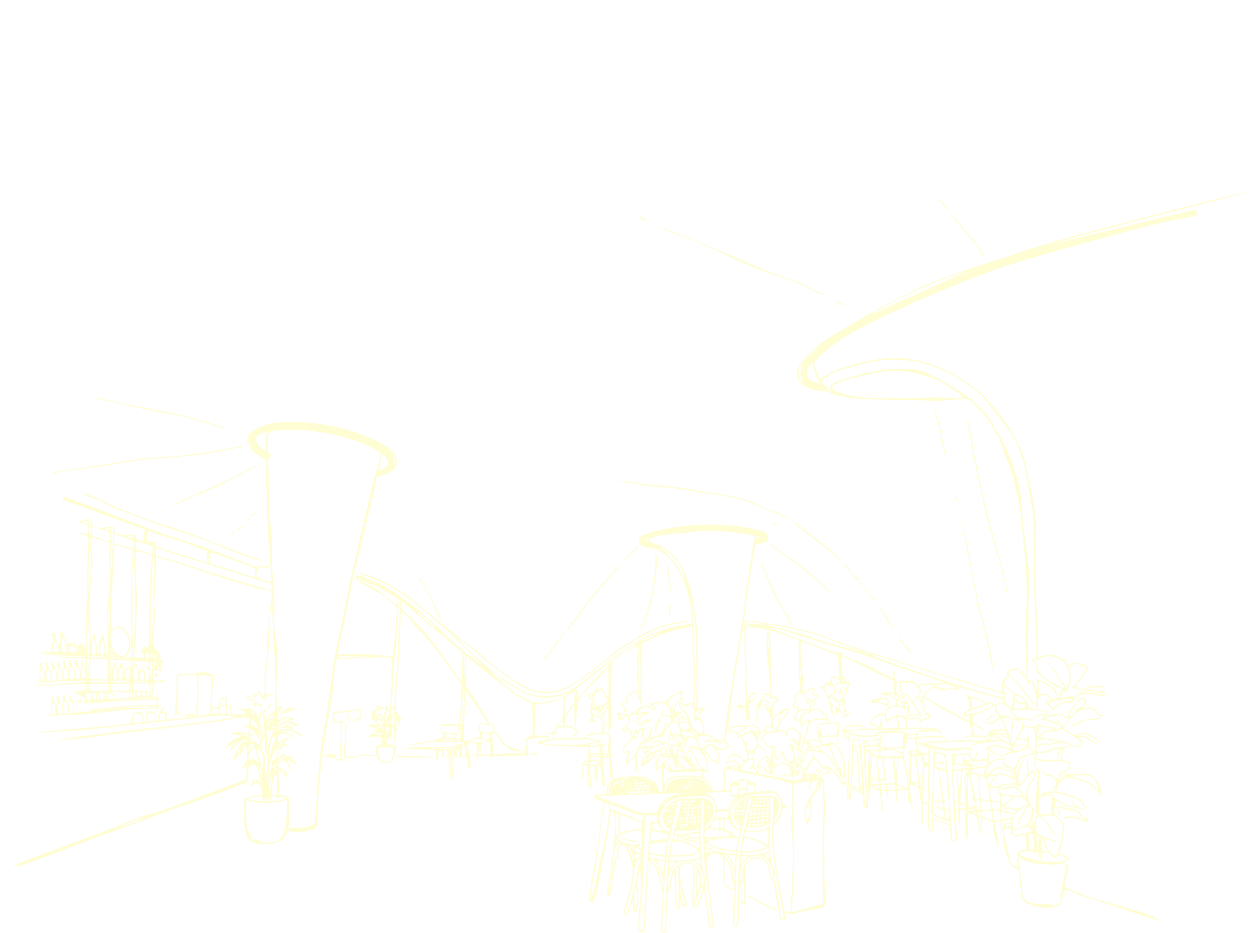 Line drawing of outdoor seating area with umbrellas, tables, chairs, potted plants, and cityscape in the background.