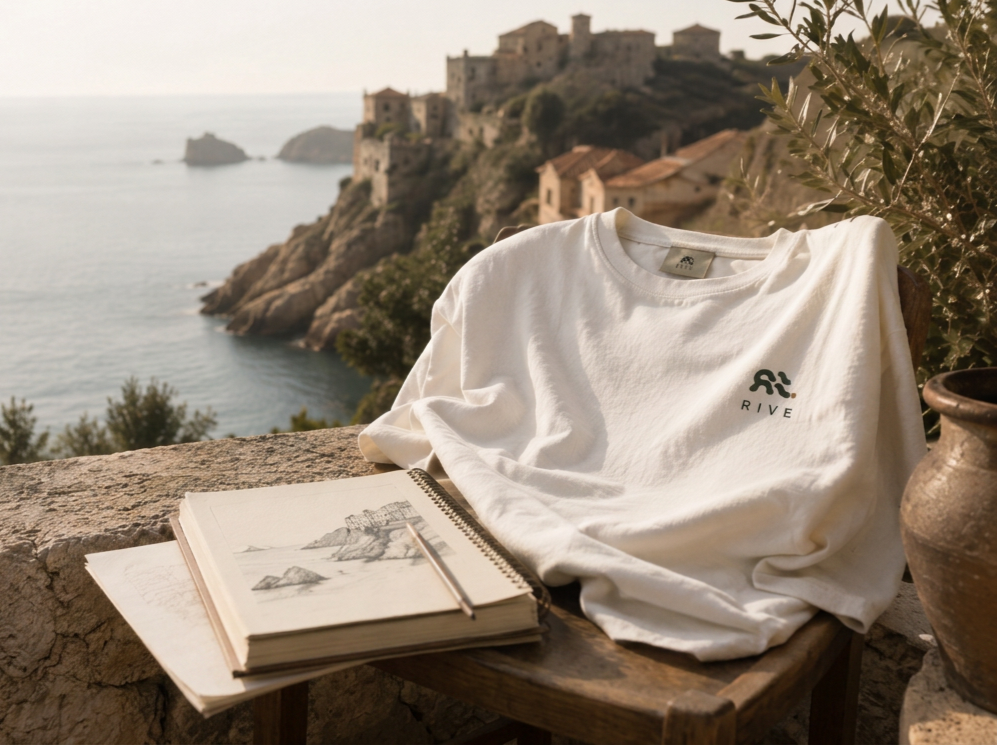 Une scène tranquille en plein air avec un t-shirt blanc portant le logo 'RIVE' posé sur une table en bois, un carnet de croquis avec un dessin de paysages et un stylo, face à une vue sur la mer, des maisons en pierre sur une colline, et une poterie en terre cuite à côté.