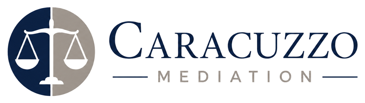 Logo of Caraczzo Mediation featuring a balance scale symbol and the company name with a blue and gray color scheme.