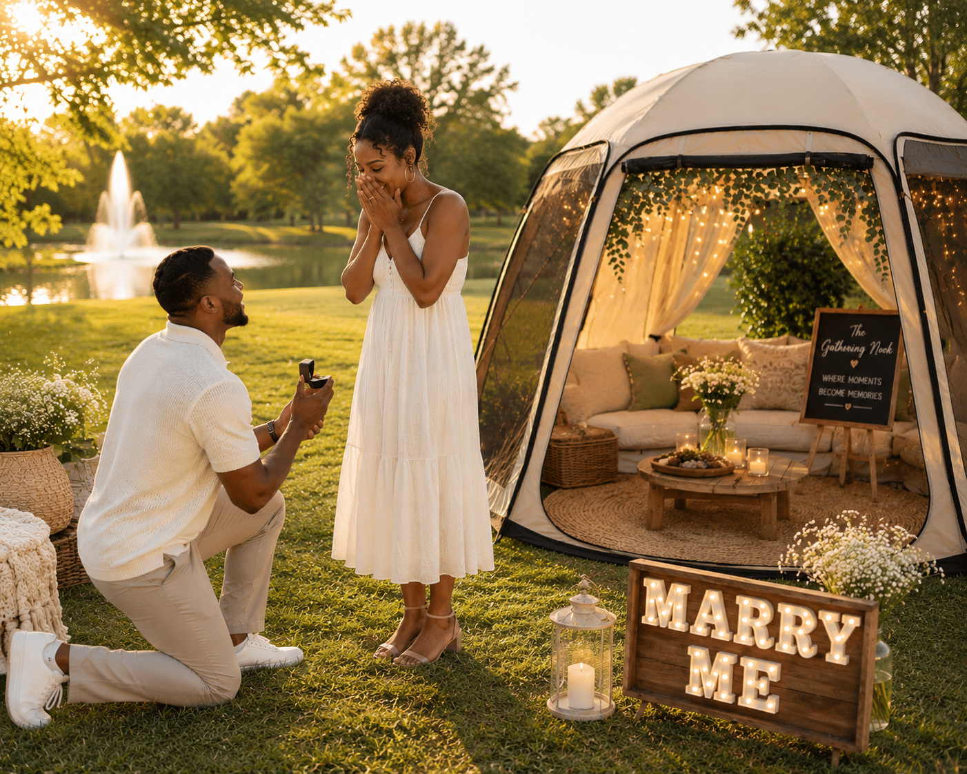 Man proposing to woman in a park during sunset with a hot air balloon tent decorated for a marriage proposal, with a small lake and fountain in the background.