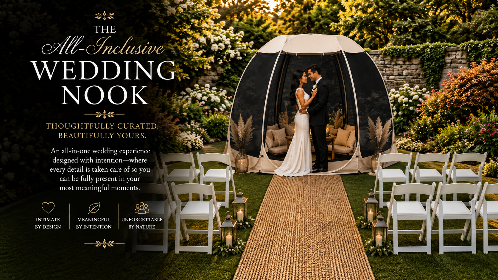 A wedding ceremony outdoors with a couple in wedding attire inside a black and beige canopy tent, surrounded by flowers and seating, with candles and lanterns on the grass.