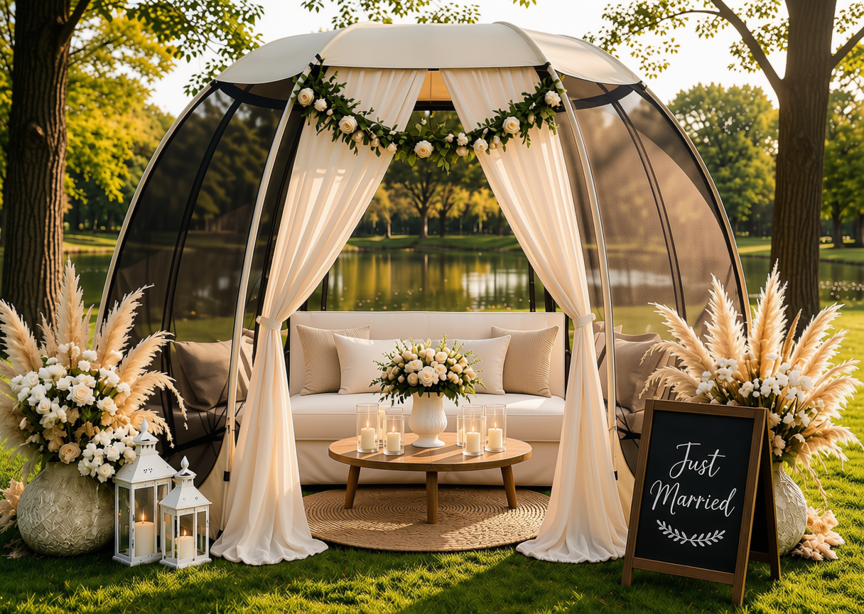 Outdoor wedding setup with a white sofa under a canopy decorated with flowers, candles on a coffee table, large flower arrangements in vases, and a blackboard sign reading 'Just Married' on a grassy area by a lake.