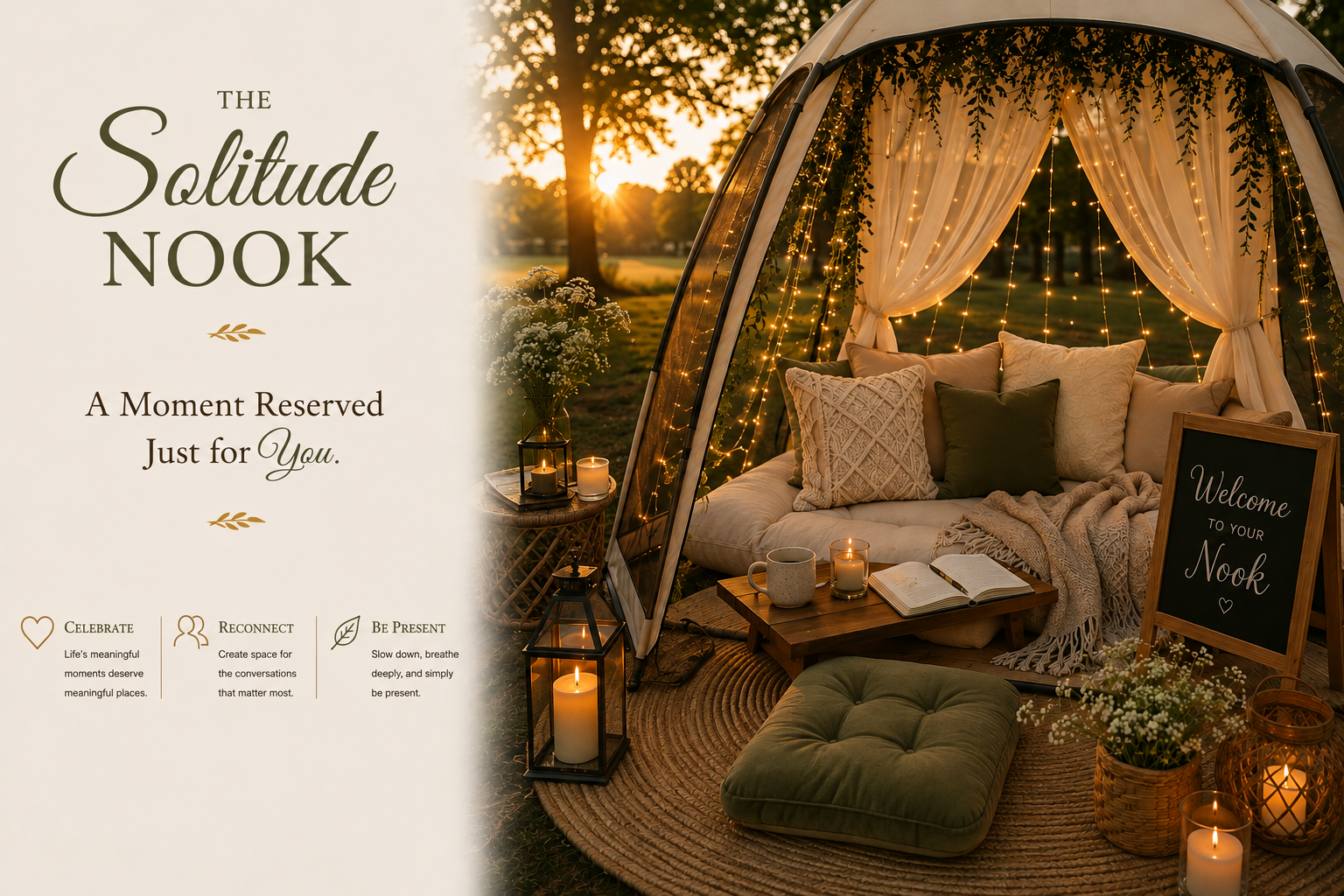 An outdoor cozy nook set up at sunset with string lights, a cushioned seating area with pillows, a small wooden table with a book and candle, surrounded by lanterns and potted flowers, in a natural park setting.