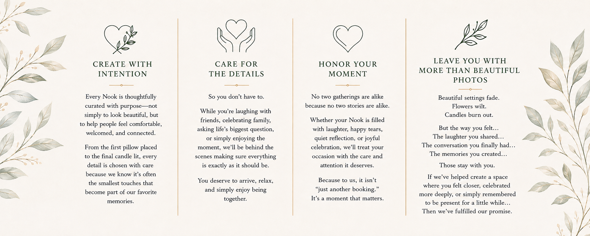 Four columns of text with headers: 'Create with Intention', 'Care for the Details', 'Honor Your Moment', 'Leave You with More Than Beautiful Photos', each accompanied by a paragraph elaborating on the theme, and decorative foliage on the left and right sides.
