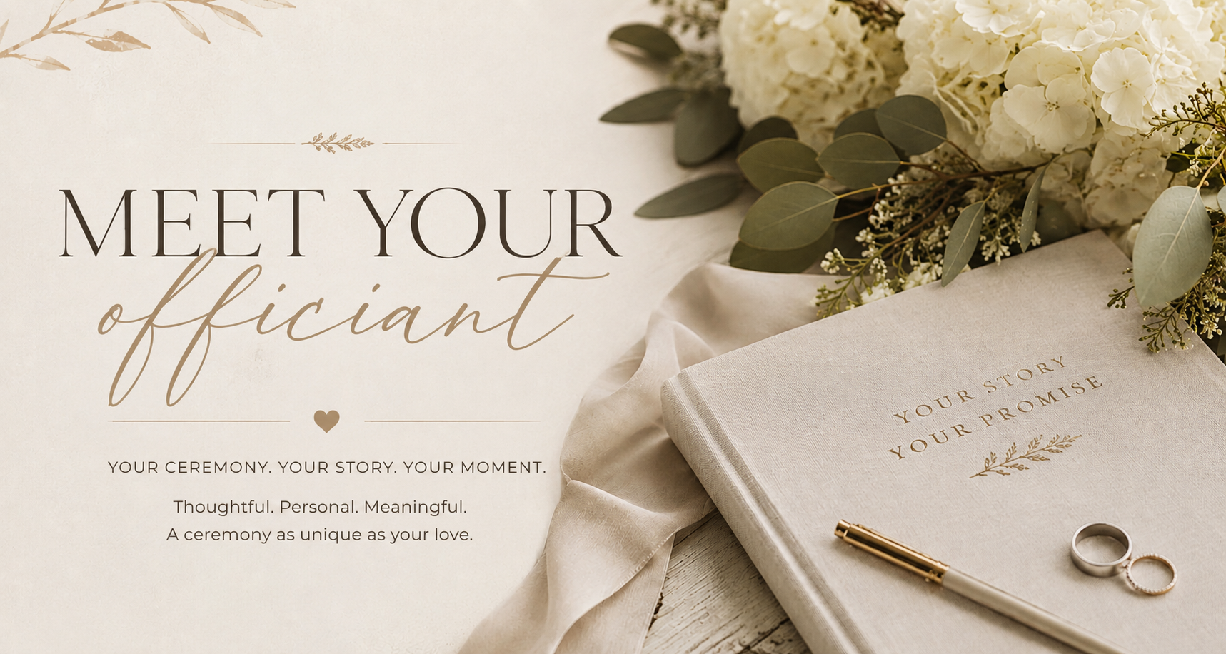 A wedding invitation with floral decorations, a book titled 'Your Story Your Promise,' a ring, and a pen on a light-colored surface.