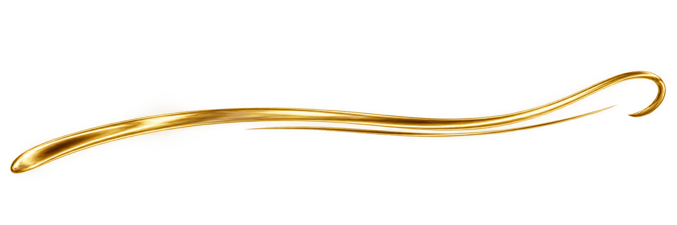 A gold-colored, elongated, and curved object resembling a stylized snake or ribbon lying horizontally on a black background.