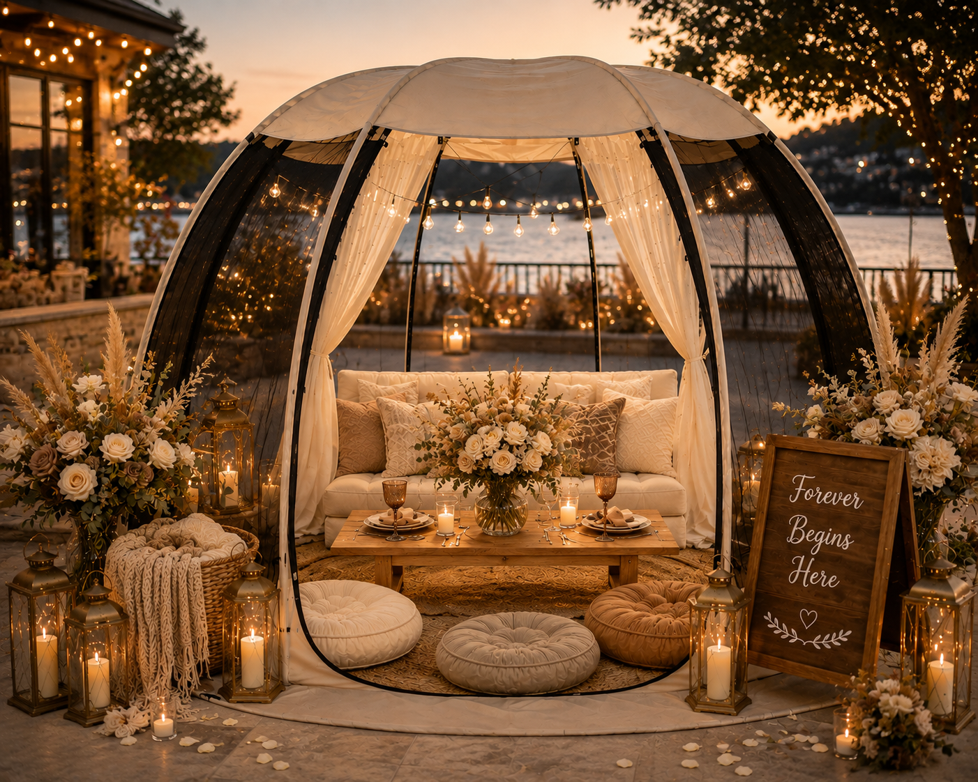 A romantic outdoor setup with a cozy seating area under a transparent tent decorated with string lights. It includes a wooden table set for two with candles, surrounded by pampas grass and floral arrangements. There are large lanterns and a sign that says "Forever Begins Here," with a scenic water view and sunset in the background.