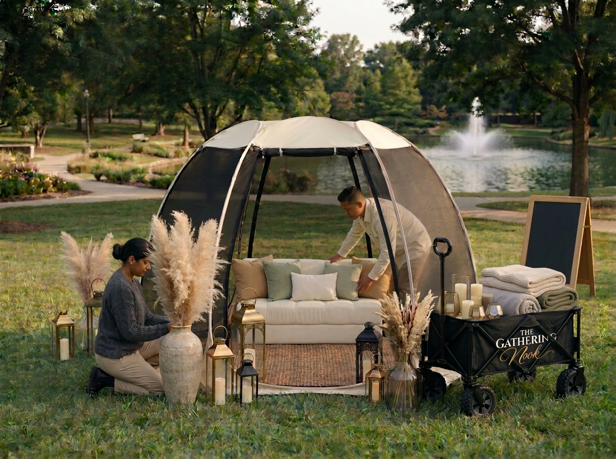 A couple setting up an outdoor cozy lounge area with a pop-up tent, white sofa, decorative pillows, lanterns, candles, and pampas grass, near a lake with a fountain in the background.
