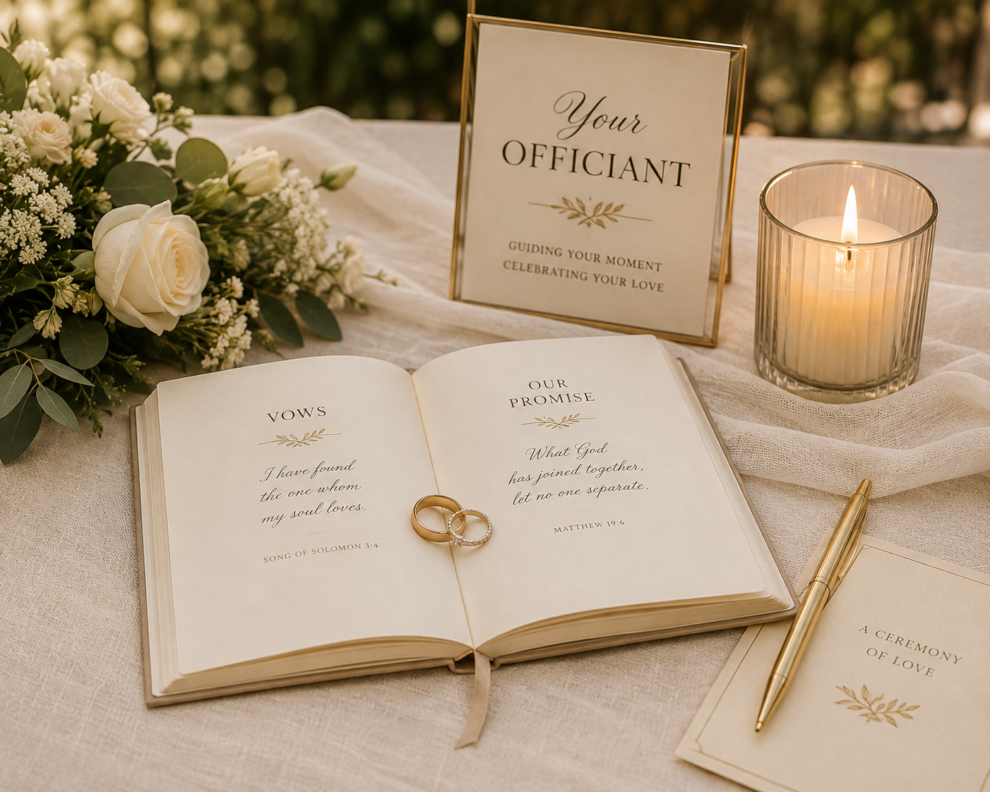 Wedding altar table with a bouquet of white roses and greenery, a lit candle in a glass holder, an open vows book with two wedding rings on it, and a sign that says "Your Officiant" guiding the moment and celebrating love