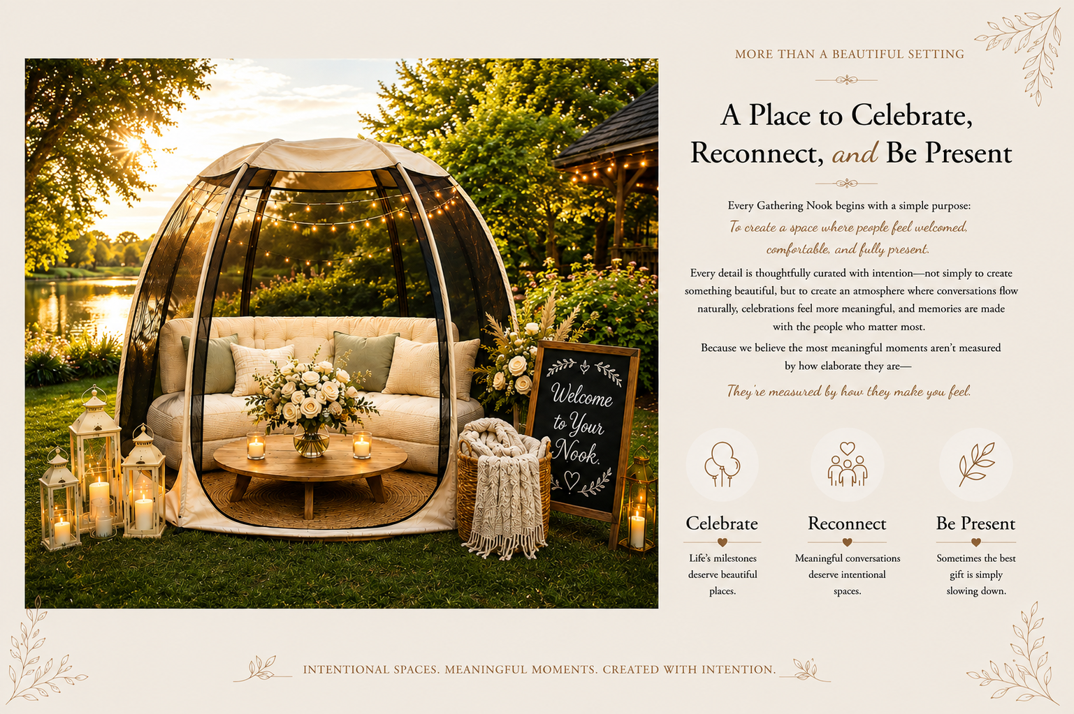 A cozy outdoor seating area with a canopy, floral arrangements, candles, and lanterns near a lake at sunset, inviting relaxation and connection.