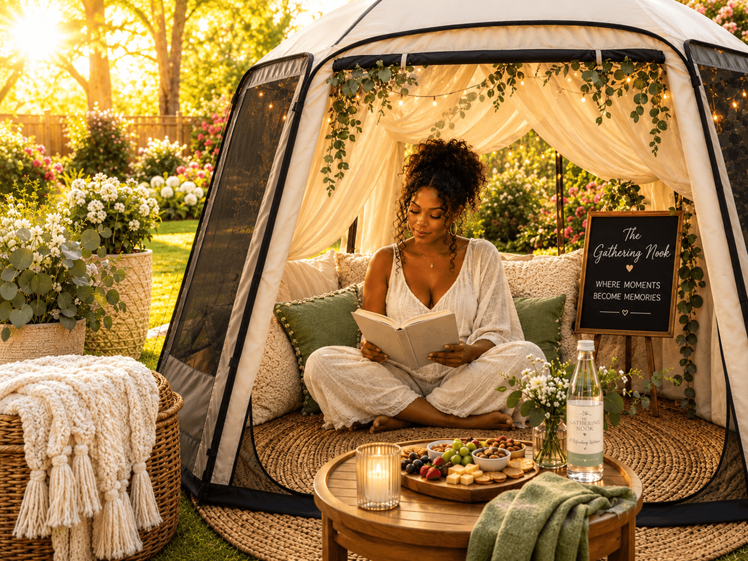 A woman with curly hair and a white outfit sits cross-legged inside a cozy canopy tent in a garden, reading a book. The tent is decorated with hanging greenery and warm string lights. Outside, there are blooming flowers, potted plants, and a sign that reads 'The Gathering Nook - Where moments become memories.' In front of her, a tray with snacks, a lit candle, and a bottle of water are on a small round table.