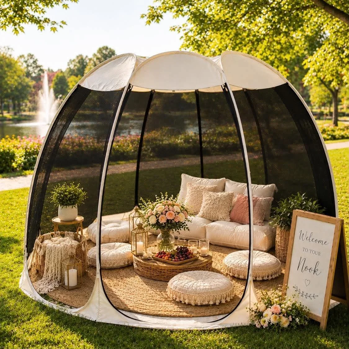 Outdoor cozy nook with a white canopy, sofa with cushions, floral centerpiece, candles, and a welcome sign, set on grass near a lake and fountain.