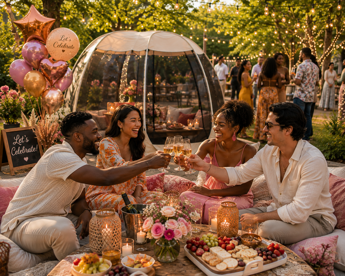 A group of four friends celebrating outdoors during sunset, sitting on cushions around a table with food and drinks, raising glasses for a toast, with balloons, flowers, candles, and a decorative sign that says "Let's Celebrate!" in a festive garden setting with string lights.