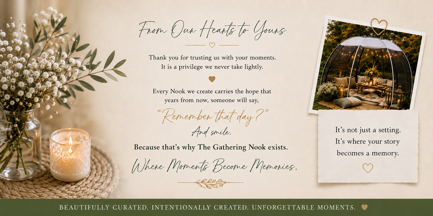 A warm, inviting scene with a bouquet of white flowers in a glass vase and a lit candle on a woven placemat, alongside an outdoor seating area with fairy lights and cushions under a clear dome, on a neutral background with elegant text about creating memories.