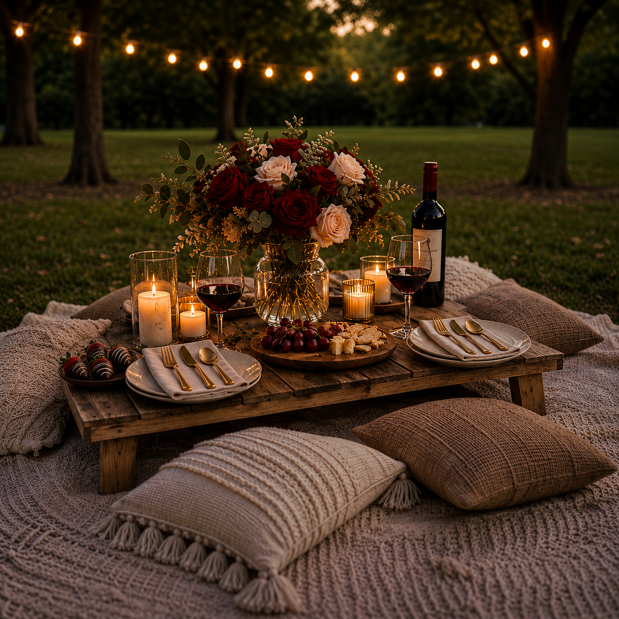 An outdoor dinner setup on a low wooden table with candles, a bouquet of roses, glasses of red wine, cheese, grapes, strawberries, and pillows, set in a park at sunset.