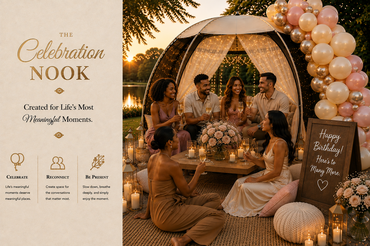 A group of six friends celebrating a birthday outdoors at sunset, seated around a wooden table inside a canopy decorated with string lights and balloons. There are candles, a floral centerpiece, and glasses of champagne. A chalkboard sign reads 'Happy Birthday! Here's to Many More.'