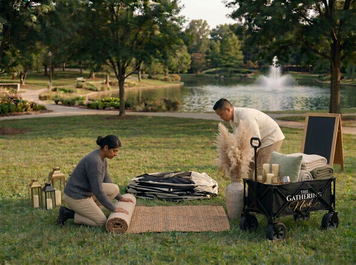 Two people setting up an outdoor event at a park near a lake with trees and a fountain, with blankets, lanterns, and decorative items.