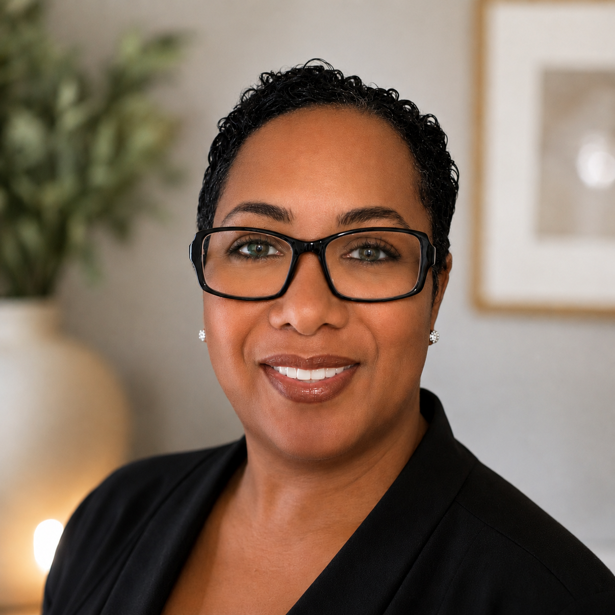 A professional woman with short curly black hair, wearing glasses, earrings, and a black blazer, smiling at the camera inside an office or home setting with blurred background.